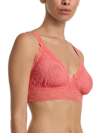 Paloma Pink Signature Lace® Crossover Bralette - Side Close-Up, Floral Stretch Lace Detail On Model | Hanky Panky