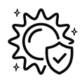 A black line icon depicting a sun with a shield and checkmark, surrounded by small sparkles, on a solid white background.