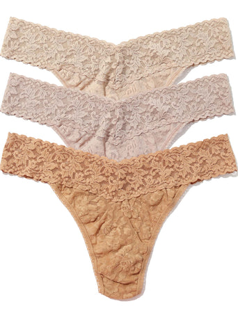 3-Pack Signature Lace® Low Rise Thongs in Chai, Taupe & Suntan - Flat Lay | Hanky Panky