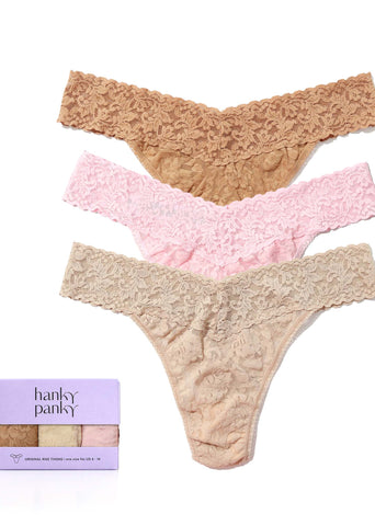 Signature Lace® Original Rise Thongs 3-Pack in Suntan, Blushing Rose & Chai - Flat Lay with Gift Box | Hanky Panky