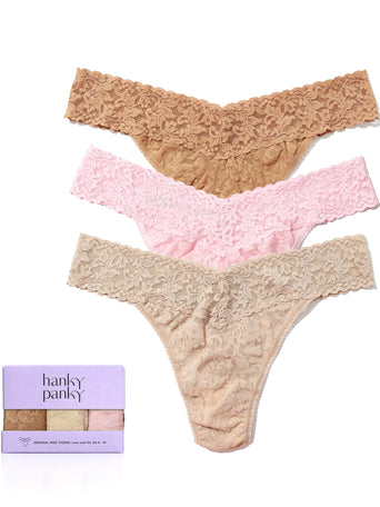 Signature Lace® Original Rise Thongs 3-Pack in Suntan, Blushing Rose & Chai - Flat Lay with Gift Box | Hanky Panky