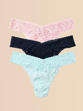 Blushing Rose, Navy & Celeste Signature Lace® Thong 3-Pack - Flat Lay | Hanky Panky