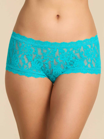 Model facing front wearing Signature Lace® Boyshort Turkish Tile Blue