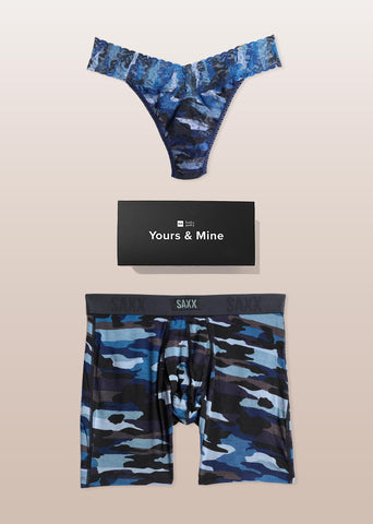 Cloudbank Camo Navy Signature Lace Thong & SAXX Boxer Brief Yours & Mine Matching Set with gift box - Flat Lay | Hanky Panky