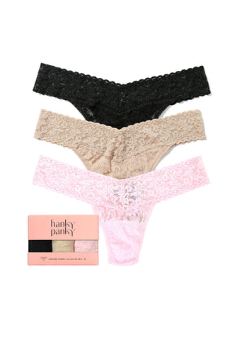 3 Pack Signature Lace® Low Rise Thongs in Black, Chai & Bliss Pink - Flat Lay with Gift Box | Hanky Panky