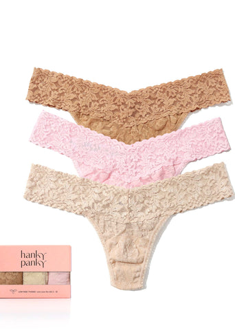 Suntan, Blushing Rose & Chai Signature Lace® Low Rise Thong 3-Pack - Flat Lay with Gift Box | Hanky Panky
