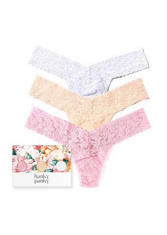 Sunrise Neutrals 3-Pack Signature Lace® Low Rise Thongs in white, peach & pink with gift box - Flat Lay | Hanky Panky