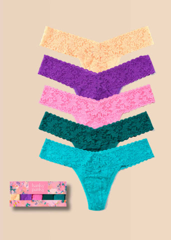 Signature Lace® Low Rise Thong 5-Pack in Apricot, Violet, Pink, Teal & Turquoise - Flat Lay with Gift Box | Hanky Panky