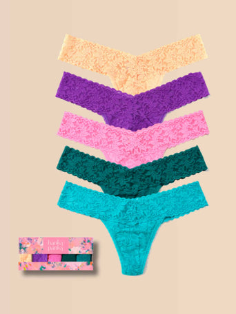 Signature Lace® Low Rise Thong 5-Pack in Apricot, Violet, Pink, Teal & Turquoise - Flat Lay with Gift Box | Hanky Panky
