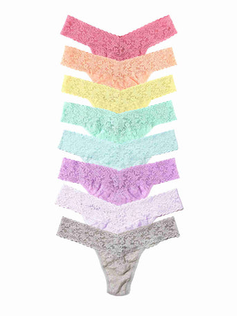Black Friday Sale - Set of eight colorful signature lace thongs arranged in a pyramid formation on a white background.