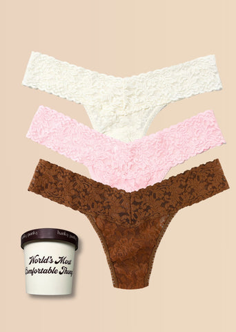 Marshmallow, Bliss Pink & Macchiato Signature Lace® Low Rise Thong 3-Pack with Ice Cream Pint - Flat Lay on Cream | Hanky Panky