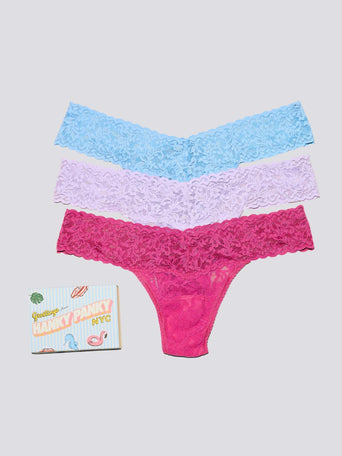 Pastel Punch Signature Lace® Low Rise Thong 3-Pack with gift box - Flat Lay on Grey | Hanky Panky