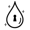 A black line-art icon of a teardrop shape with a keyhole in the center and small sparkle accents, shown on a plain white background.