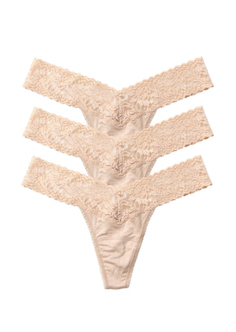 Chai DreamEase™ Low Rise Thong 3-Pack, lace waistband flat lay on white | Hanky Panky