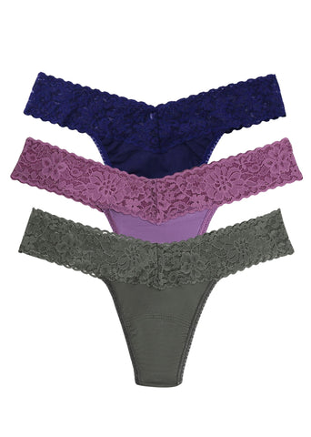 DreamEase™ Modal Lace Low Rise Thong 3-Pack Indigo, Purple & Grey - Front View | Hanky Panky
