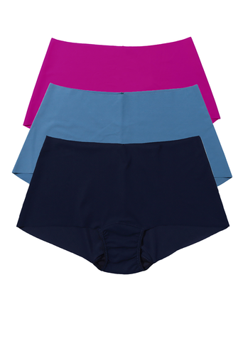 Hot Fuchsia Pink, Rainy Day Blue & Navy BreatheSoft™ Boyshort 3-Pack - Flat Lay, Front View | Hanky Panky