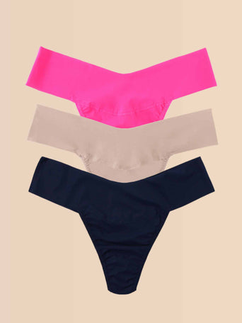 Pink Taupe Navy BreatheSoft™ Natural Rise Thong 3-Pack - Flat Lay on Cream | Hanky Panky