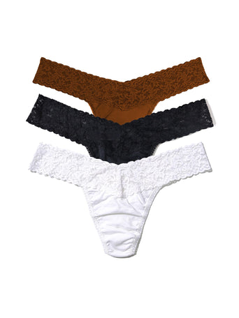 Black Friday Sale - Three pairs of lace-trimmed panties in brown, black, and white on a white background.