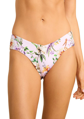 Fawning Flora Purple V-Kini Swimsuit Bottom, v-cut floral bikini bottom on model - Front View | Hanky Panky