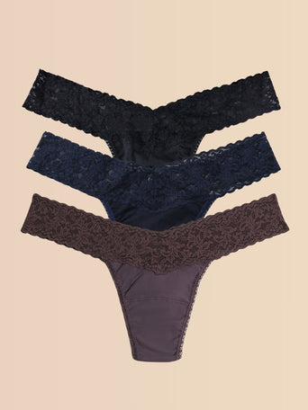 Black, Navy & Dusk Supima Cotton Lace Low Rise Thongs 3-Pack - Flat Lay | Hanky Panky