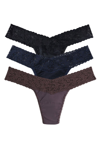 Black, Navy & Dusk Supima Cotton Low Rise Thong 3-Pack, Lace Waistband Detail - Flat Lay | Hanky Panky