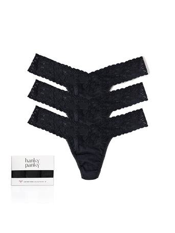 Black Supima Cotton Low Rise Thongs 3-Pack with Lace Waistband - Flat Lay | Hanky Panky