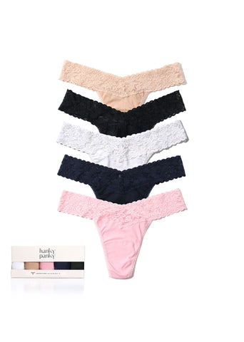 Supima Cotton Low Rise Thongs 5-Pack in Chai, Black, White, Navy & Pink - Flat Lay with Box | Hanky Panky