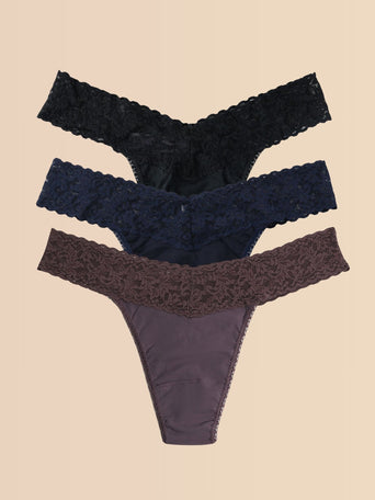 Black Navy Dusk Supima Cotton Thong 3-Pack - Flat Lay on Cream | Hanky Panky