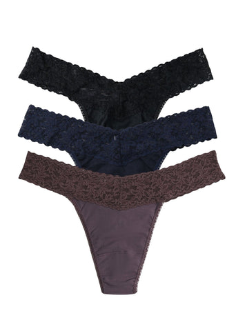 Black Navy Dusk Supima Cotton Lace Waistband Thong 3-Pack - Flat Lay on White | Hanky Panky