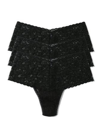 Black Retro Lace High Rise Thong 3-Pack - Flat Lay, Wide Waistband Detail | Hanky Panky