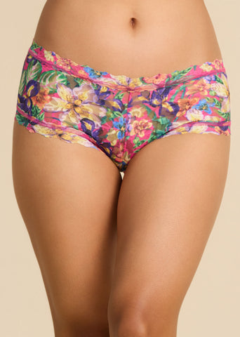 Printed Signature Lace® Boyshort Radiant Pink - Front View, Floral Print Lace Boyshorts | Hanky Panky