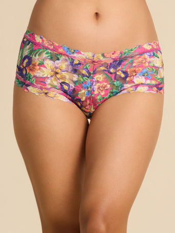 Printed Signature Lace® Boyshort Radiant Pink - Front View, Floral Print Lace Boyshorts | Hanky Panky