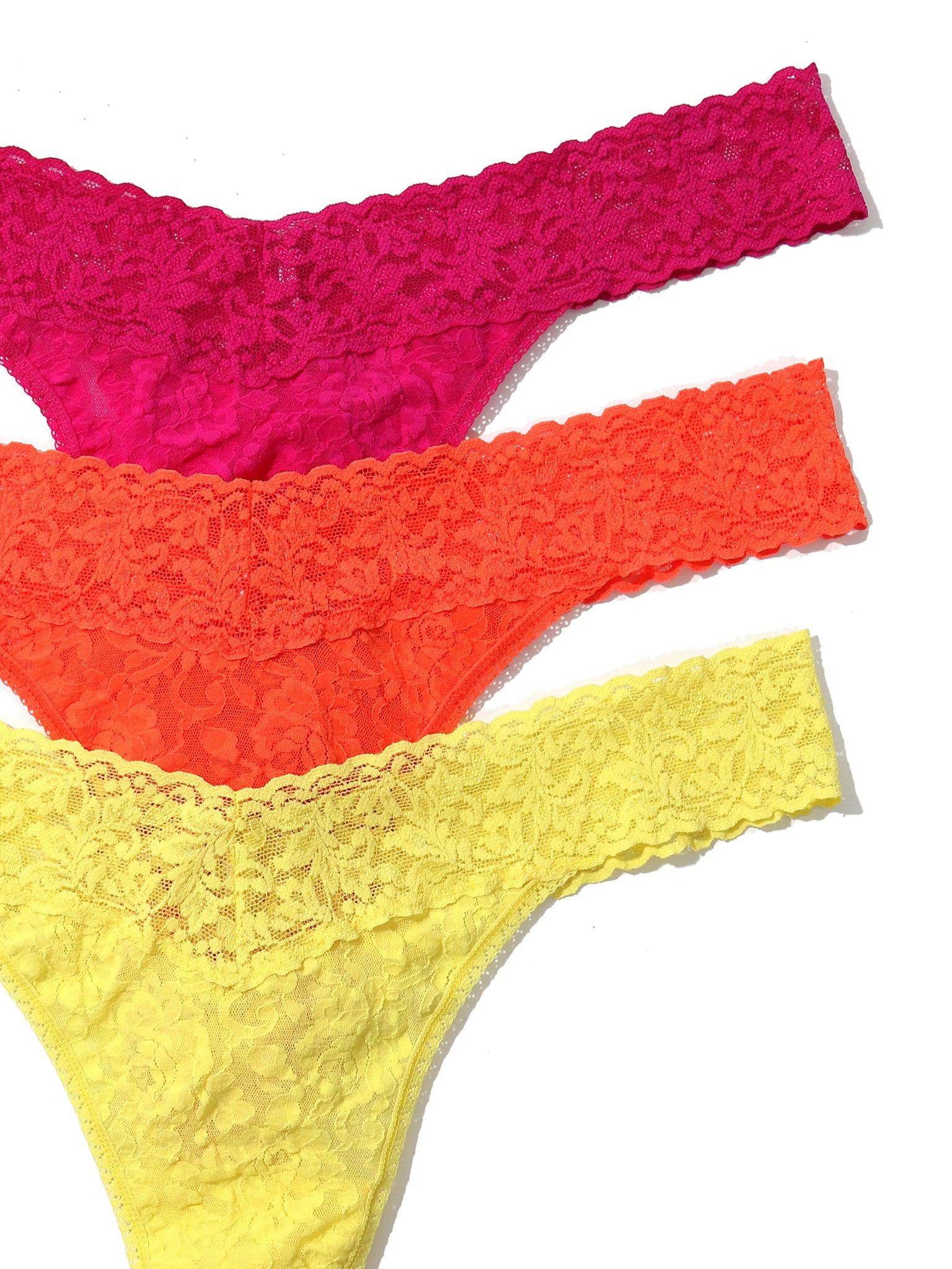 3 Pack Plus Size Signature Lace Original Rise Thongs In Printed Box Pink Ruby/Orange Sparkle/Lime Light