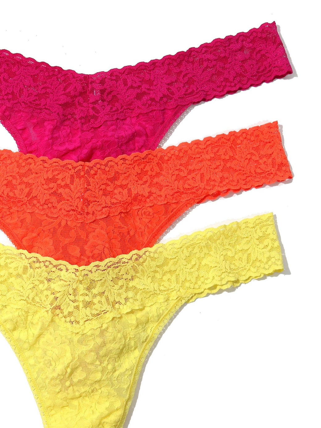 3 Pack Plus Size Signature Lace Original Rise Thongs In Printed Box Pink Ruby/Orange Sparkle/Lime Light