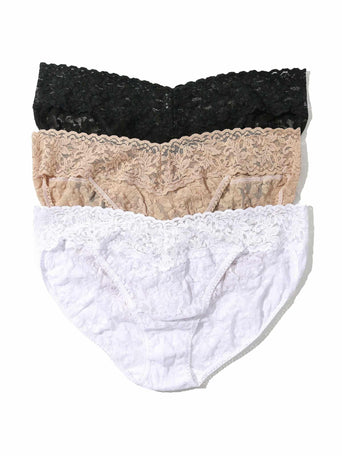 3 Pack Signature Lace® V-kini in Black, Chai & White - Flat Lay | Hanky Panky