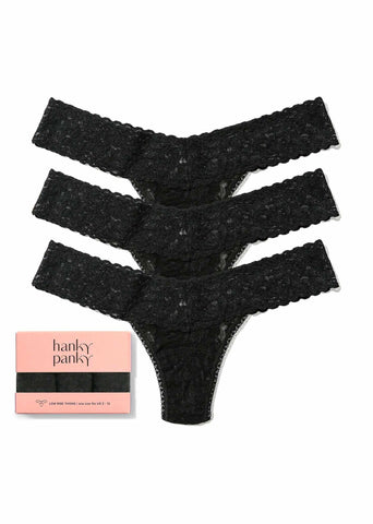3 Pack Signature Lace® Low Rise Thongs Black - Flat Lay with Gift Box | Hanky Panky
