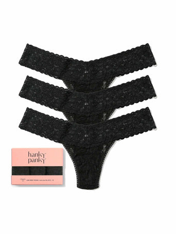 3 Pack Signature Lace® Low Rise Thongs Black - Flat Lay with Gift Box | Hanky Panky