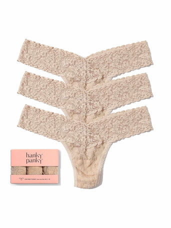 3 Pack Signature Lace® Low Rise Thongs Chai - Flat Lay with Gift Box | Hanky Panky