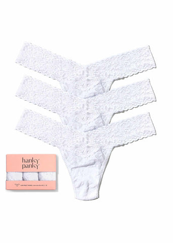 3 Pack Signature Lace® Low Rise Thongs White - Flat Lay with Gift Box | Hanky Panky