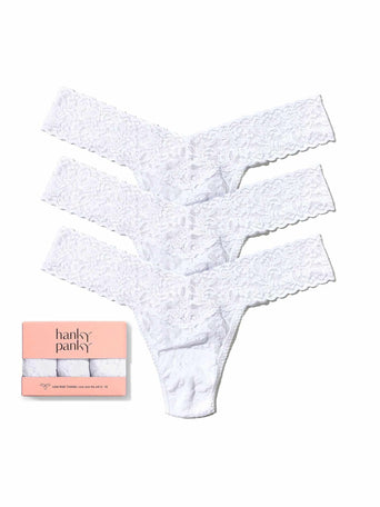 3 Pack Signature Lace® Low Rise Thongs White - Flat Lay with Gift Box | Hanky Panky