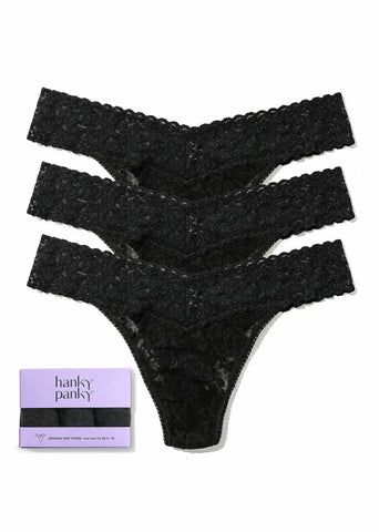 Black Signature Lace® Original Rise Thong 3-Pack with Gift Box - Flat Lay | Hanky Panky