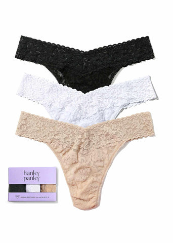 3 Pack Signature Lace® Original Rise Thongs in Black, White & Chai - Flat Lay with Gift Box | Hanky Panky