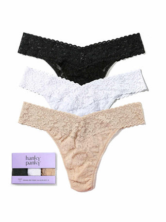 3 Pack Signature Lace® Original Rise Thongs in Black, White & Chai - Flat Lay with Gift Box | Hanky Panky