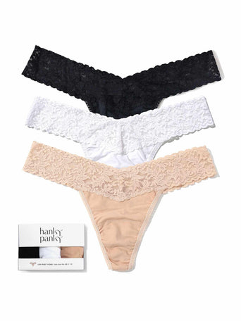 3 Pack Supima® Cotton Low Rise Thongs with Lace in Black, White & Chai - Flat Lay with Gift Box | Hanky Panky