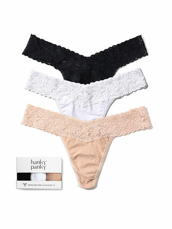 3 Pack Supima® Cotton Original Rise Thongs Black, White & Chai - Flat Lay with Gift Box | Hanky Panky