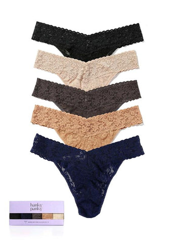 5 Pack Signature Lace® Original Rise Thongs in Neutral Colors - Flat Lay with Gift Box | Hanky Panky
