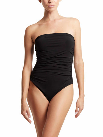 Black Ruched Bandeau One Piece Swimsuit, Strapless Front View On Model | Hanky Panky
