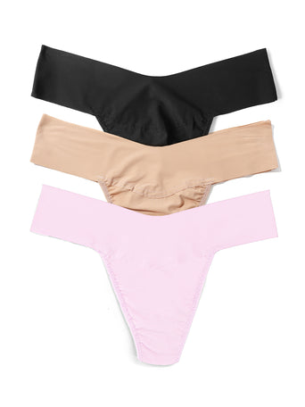BreatheSoft™ Natural Rise Thong 3 Pack in Black, Taupe & Bliss Pink - Flat Lay | Hanky Panky