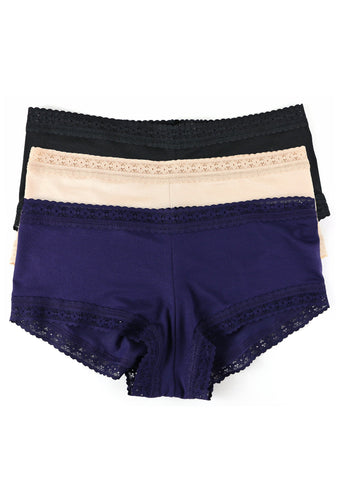 DreamEase™ Boyshort 3 Pack Black Chai Indigo Flat Lay - Lace Trim Modal Boyshorts 3-Pack | Hanky Panky