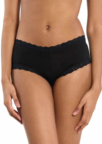 Black DreamEase™ Boyshort with Lace Trim - Front View On Model, comfortable mid-rise boyshort | Hanky Panky